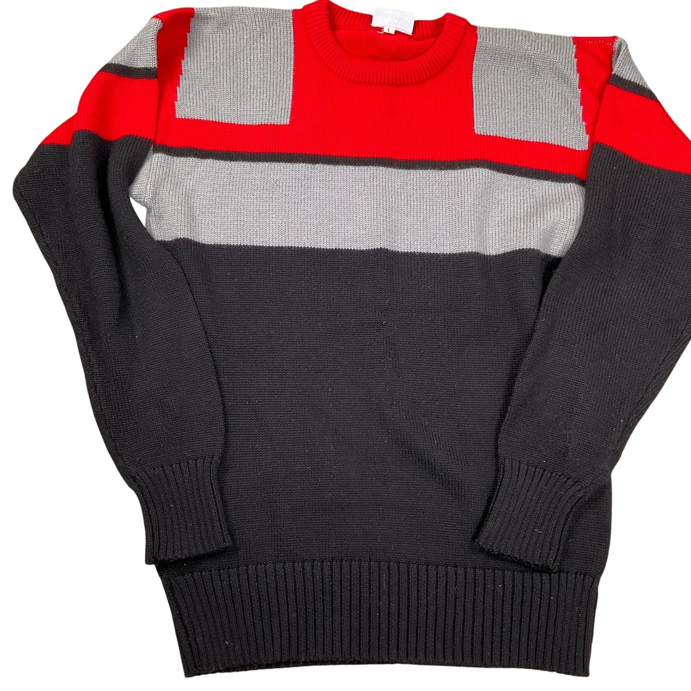 Meister Sweater Men Medium Red Gray Black Colorblock 80s Geometric‎ Wool 80s VTG